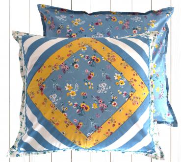 Decorative pillow by Rosa Linati, floral pattern and stripes, Allure blue, mustard yellow. Pillowcase 100% cotton with patchwork pillow