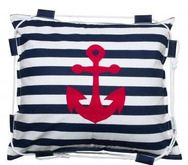 Decorative pillow by Rosa Linati with stripes and anchors. Maritim Nordstyle Ambiente navy blue white red cushion cover 100% cotton with cushion